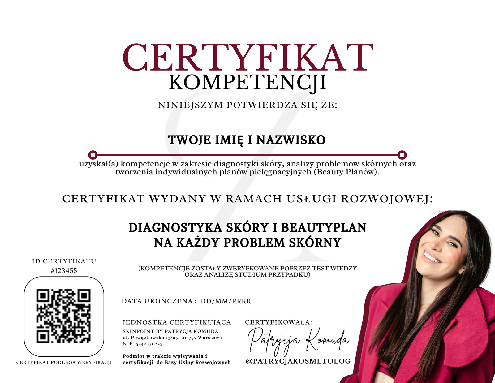 Imienny certyfikat po ukończeniu kursu